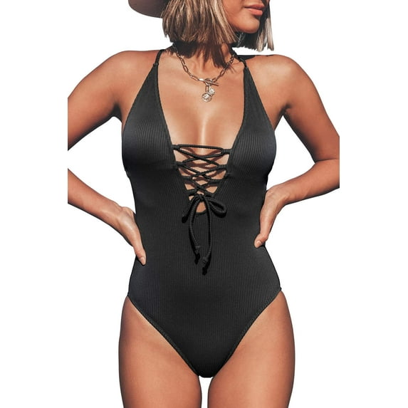 Cupshe Women's Black V Neck Vacation One Piece Swimsuit Lace up Monokini, m