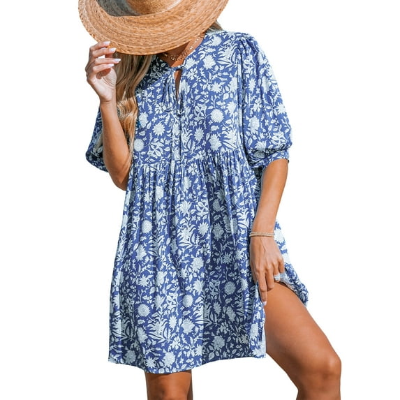 Cupshe Women's Blue Floral Puff Sleeve Mini Dress, Size XS-XL