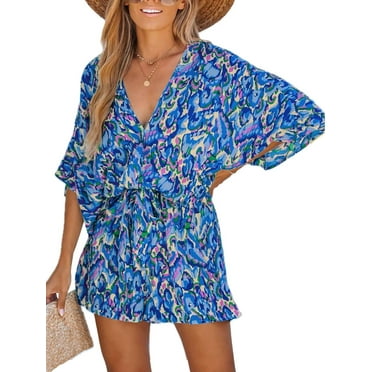 Cupshe Women's Blue Lace Up Leopard Print Romper Short Sleeves Jumpsuits Wide leg Outfit