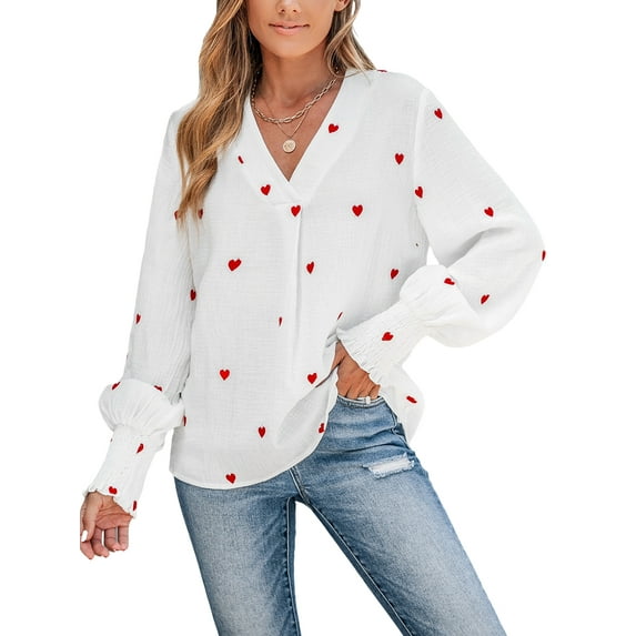 Cupshe Women's Embroidered Heart Gauze Smocked Cuffs Top