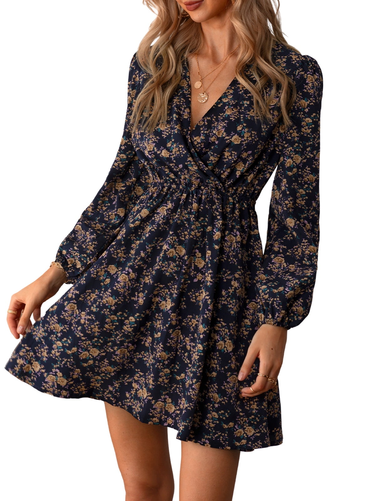 Cupshe Women's Floral Mini Fall Dress Ditsy Surplice V Neck Long Peasant  Sleeve Elastic Waist Casual Spring Dresses, Size XS-XL - Walmart.com