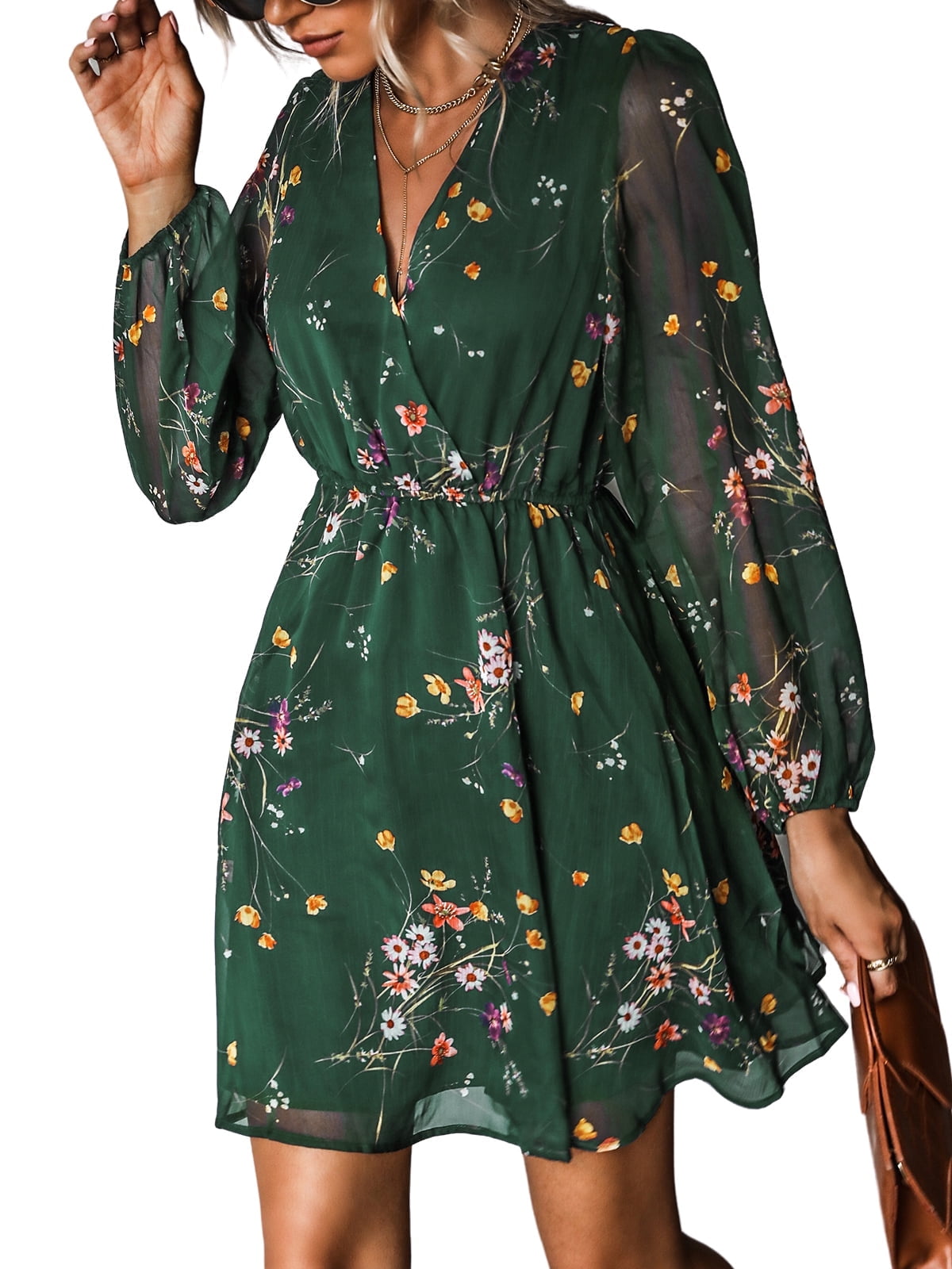 slim fit dress slacks Nuichan women's chiffon maxi dress, long sleeve floral dress in green main image 0