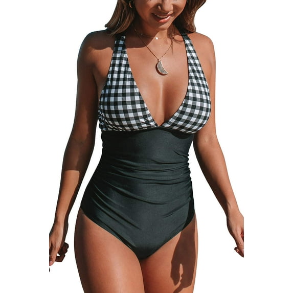 Cupshe Women's Gingham Ruched Criss-Cross Back One Piece Swimsuit Black, XL