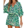 thumbnail image 1 of Cupshe Women's Green Lace Up Leopard Print Romper Short Sleeves Jumpsuits Wide leg Outfit, 1 of 6