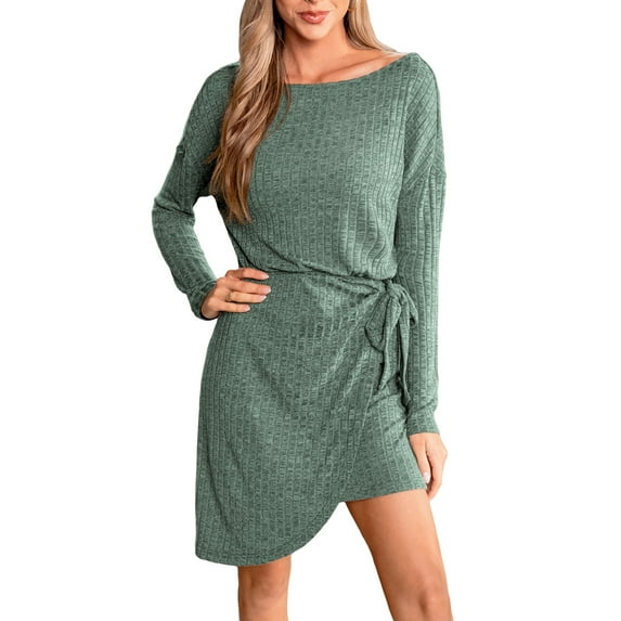 Cupshe Women's Green Ribbed Boatneck Asymmetrical Hem Mini Sweater Dress, Size S-XL