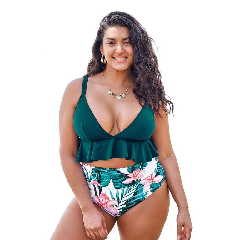 Cupshe Women s High Waisted Green Floral Ruffled Plus Size Bikini XXL Walmart