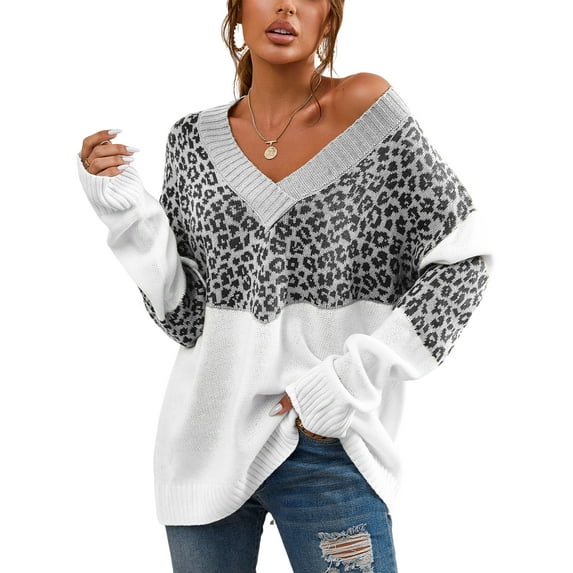 Cupshe Women's Leopard Print Colorblock V-Neck Dropped Long Sleeves Ribbed Trim Sweater