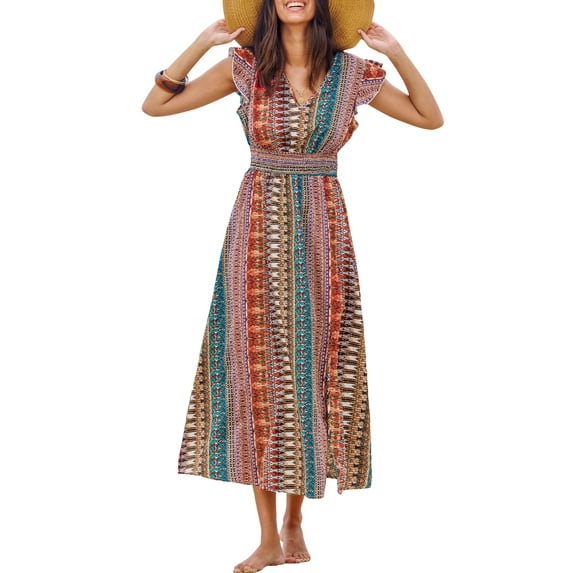 Cupshe Women's Maxi Dress V Neck Boho Multicolor Flutter Sleeve Smocked Slit A Line Summer Formal Dress,Size XS-XL