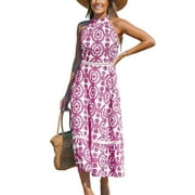 CUPSHE Women's Midi Dress Blue & White Ornate Halterneck Sleeveless Summer Dress