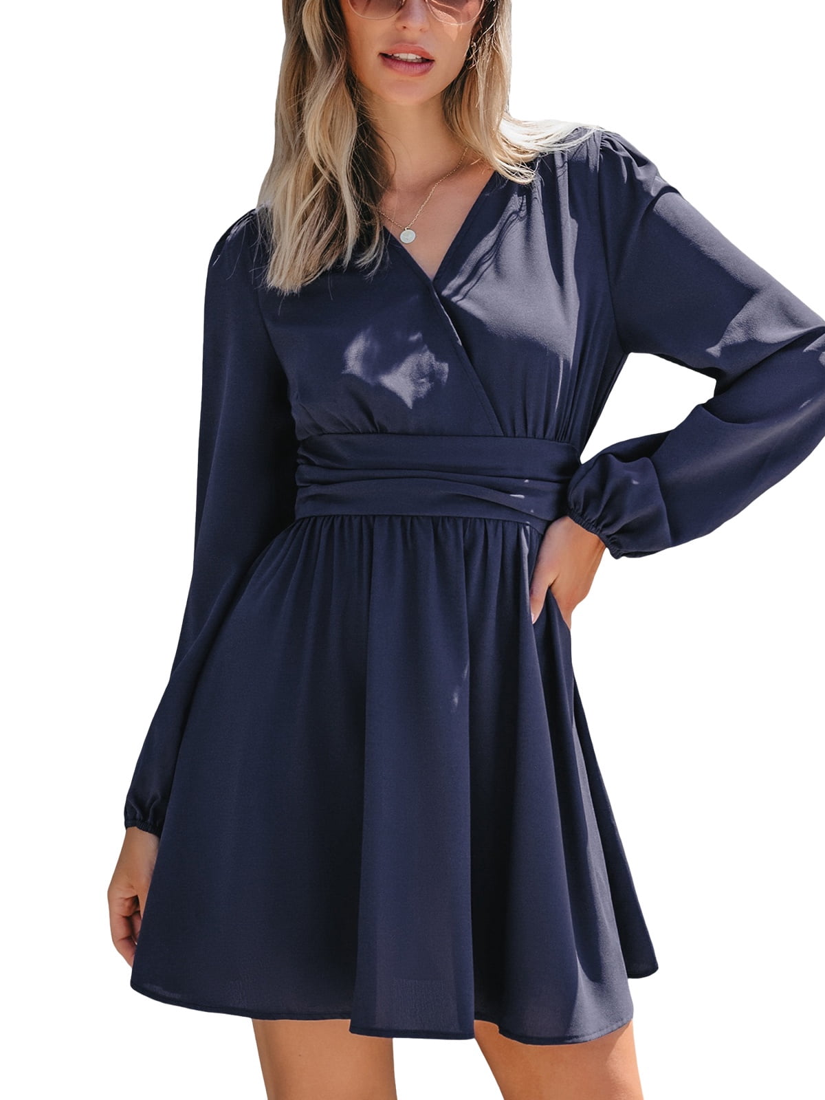 Cupshe Women's Navy Surplice Blouson Sleeve Ruched Waist Mini Dress, Sizes  S-XL - Walmart.com