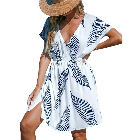 Cupshe Women's Navy & White Palm Leaf Dolman Sleeve Mini Cover-Up, Size S-XL