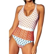 Cupshe Women's One Piece Swimsuit Scoop Neck Geo-Print Swimwear Bathing Suit, S