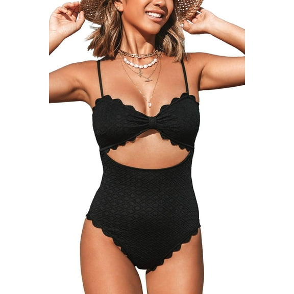 Cupshe Women's One Piece Swimsuit Sexy Black Cutout Scallop Trim Bathing Suit