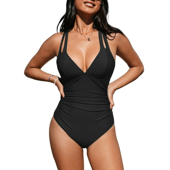 Cupshe Women's One Piece Swimsuit V-Neckline Ruching Adjustable Cami Straps Cross Tie Back Bathing Suit