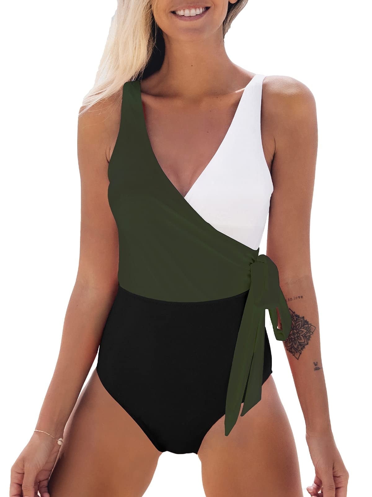 Cupshe Women's One Piece Swimsuit Wrap Color Block Tie Side Bathing Suit Green
