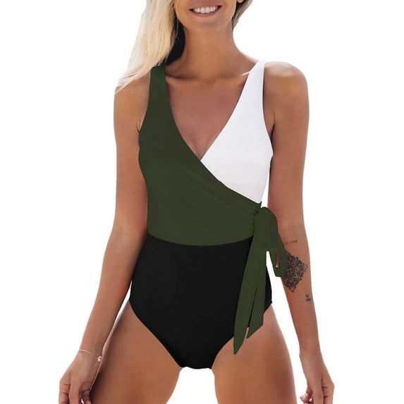 Cupshe Women's One Piece Swimsuit Wrap Color Block Tie Side Bathing Suit Green