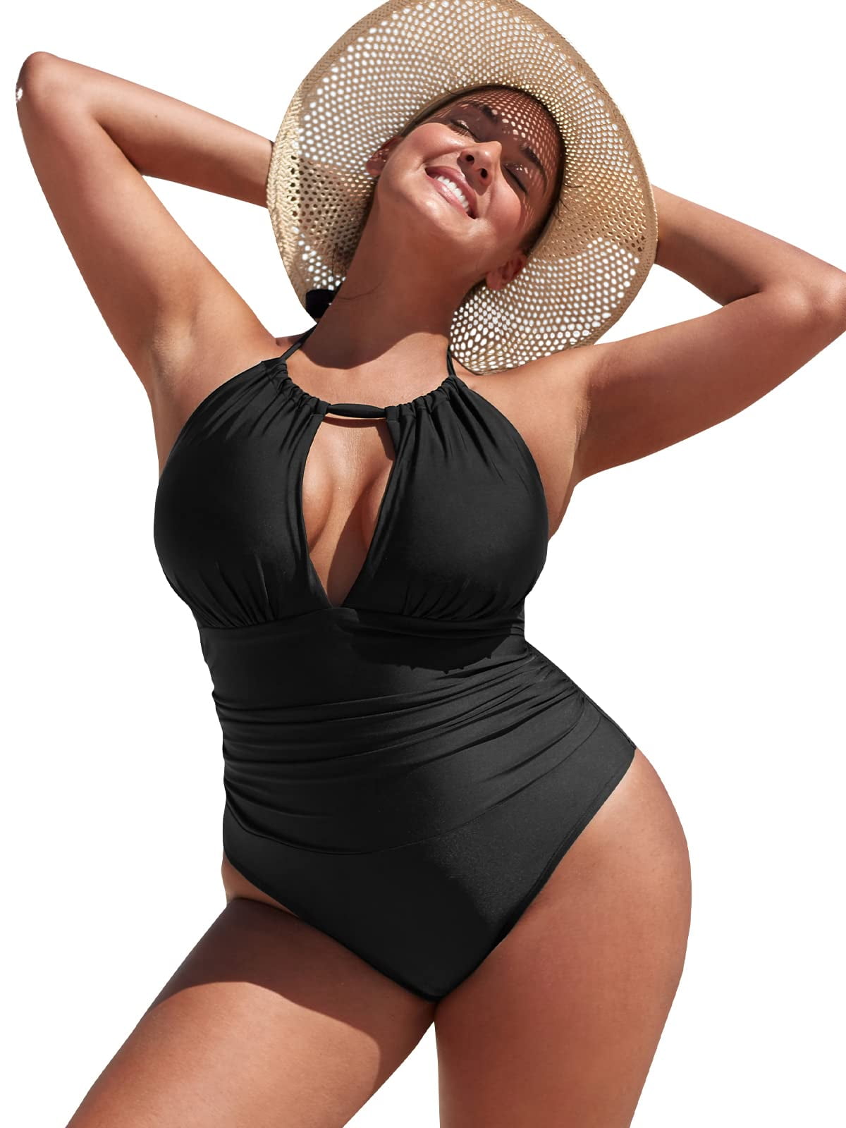 Cupshe Women's Plus Size One Piece Swimsuit Halter Shirring Tummy Control  Bathing Suit, L 