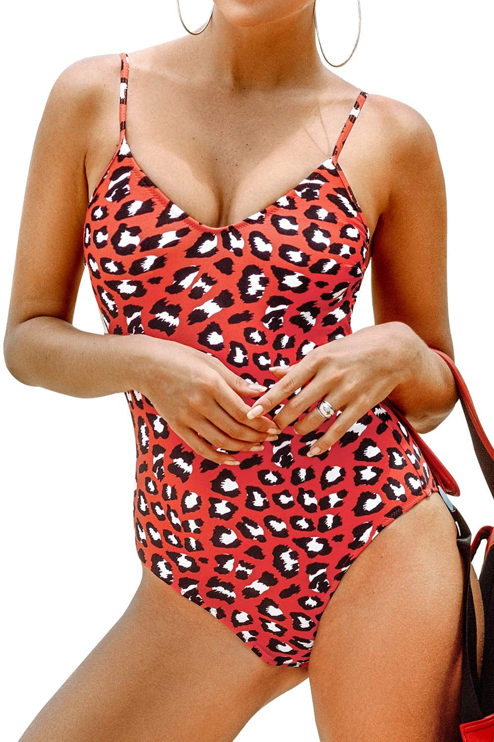 Cupshe Women's Red Leopard Print V Neck One Piece Swimsuit Cutout Monokini - image 1 of 7
