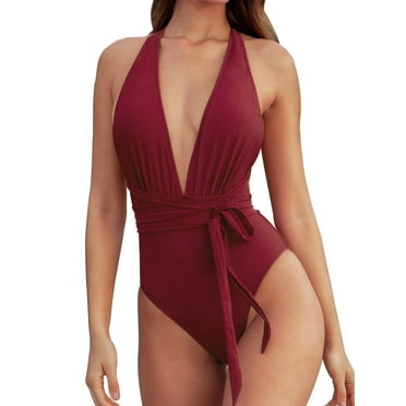 Cupshe Women's Red One Piece Swimsuit Deep V Neck Self Tied Belt Bathing Suit,Red