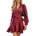 thumbnail image 1 of Cupshe Women's Red Plaid Blouson Sleeve Ruffle Cuff Wrap Mini Dress, Size S-XL, 1 of 6
