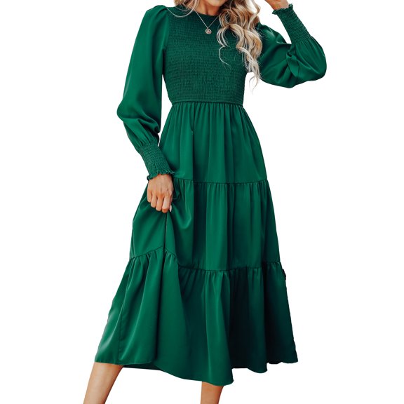 Cupshe Women's Ruched Maxi Dress High Neck Long Sleeves Smocked Tiered