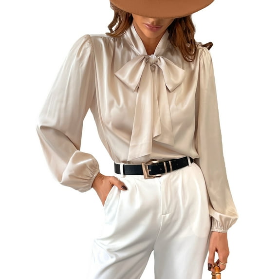 Cupshe Women's Satin Bow Tie Lantern Long Sleeve Blouses Shirts Top, Sizes XS-XL