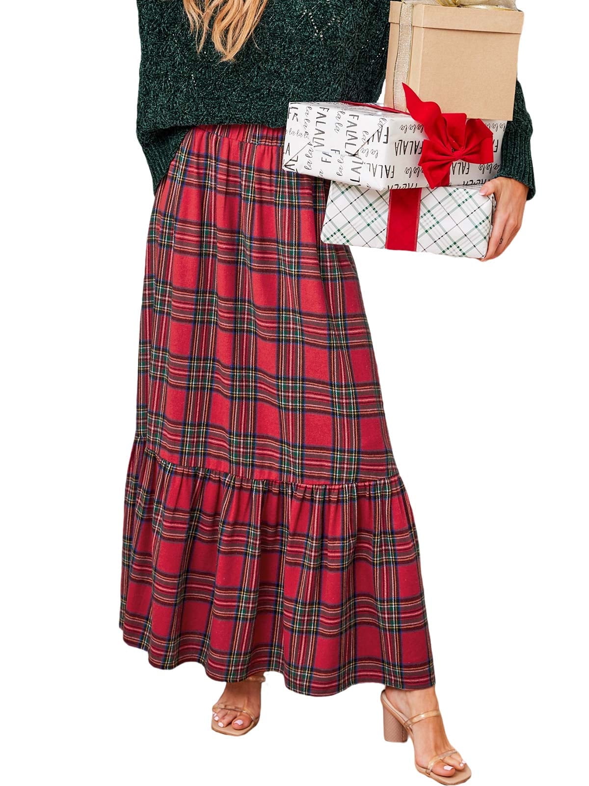 Cupshe Women's High-Rise A-Line Plaid Maxi Skirt with Ruffled Hem