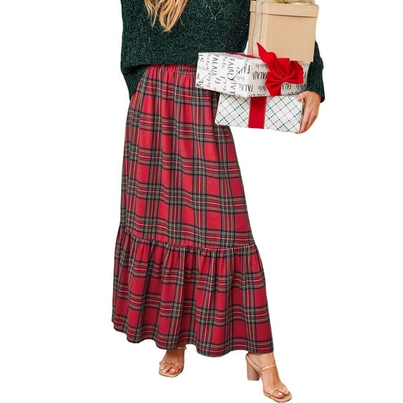 Cupshe Women's Skirt Plaid Ruffled High Waist Maxi Length