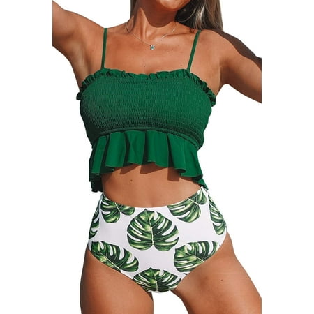 Cupshe Women's Smocked Ruffled High Waisted Bikini Set Swimsuit Green Leafy, M