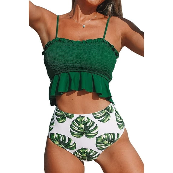 Cupshe Women's Smocked Ruffled High Waisted Bikini Set Swimsuit Green Leafy, S