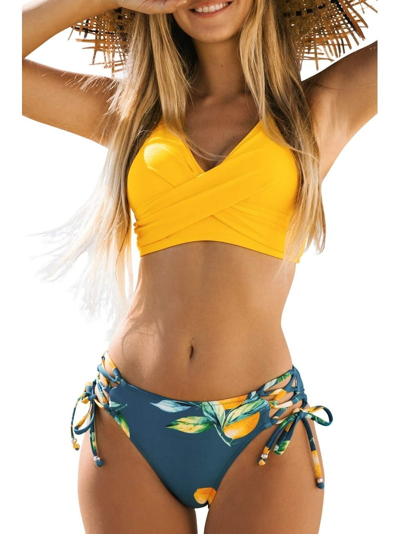 Cupshe Women's Solid Top Floral Print Bottom Two Piece Bikini