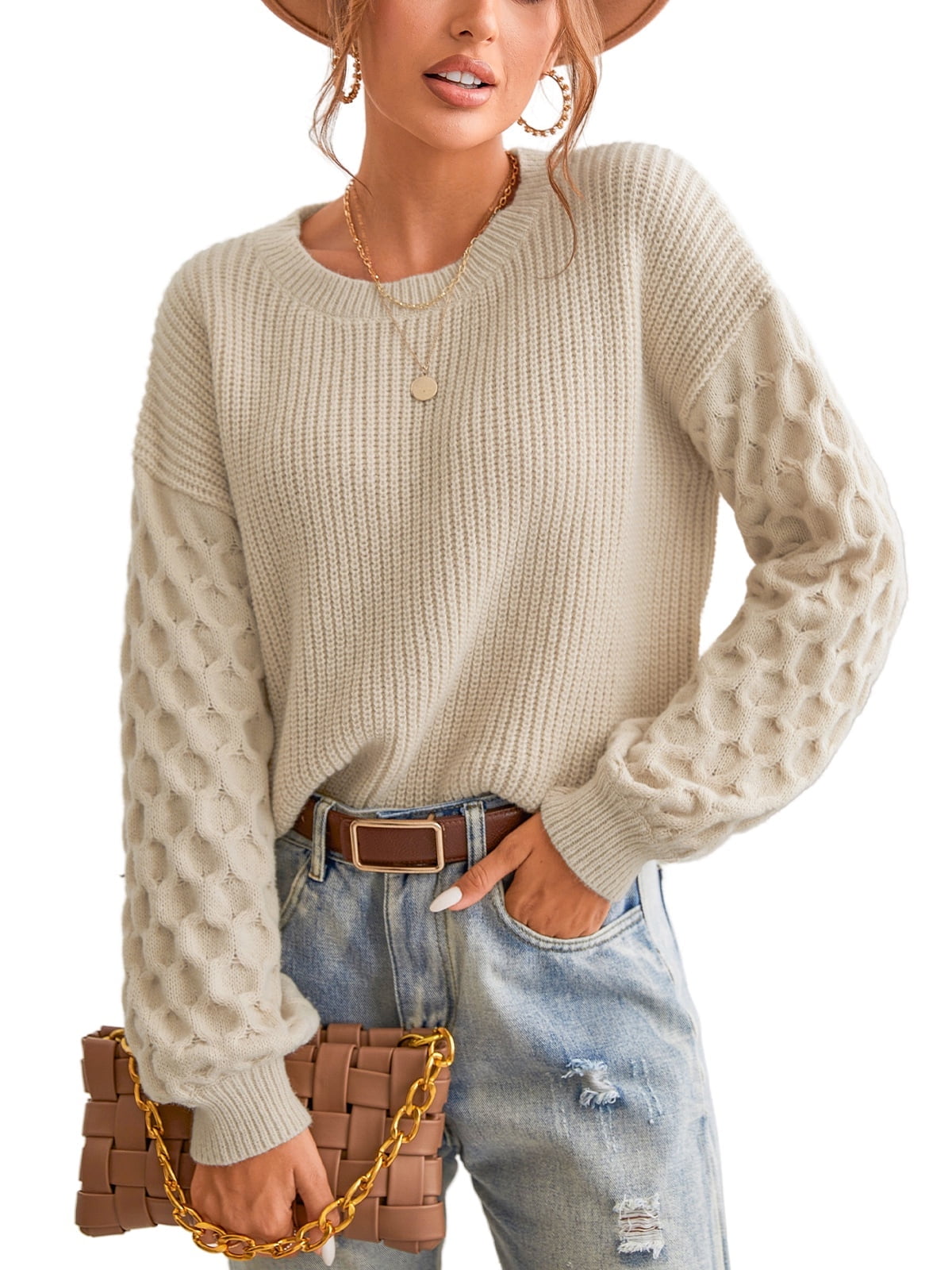 トップス Fluffy loose knit beige Womens Fall Winter Sweaters 2024 Fashion Dressy Crewneck