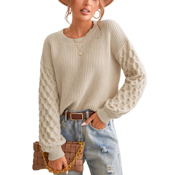 Cupshe Women's Sweater Long Sleeve Crewneck Sweaters Cable Knit Tops