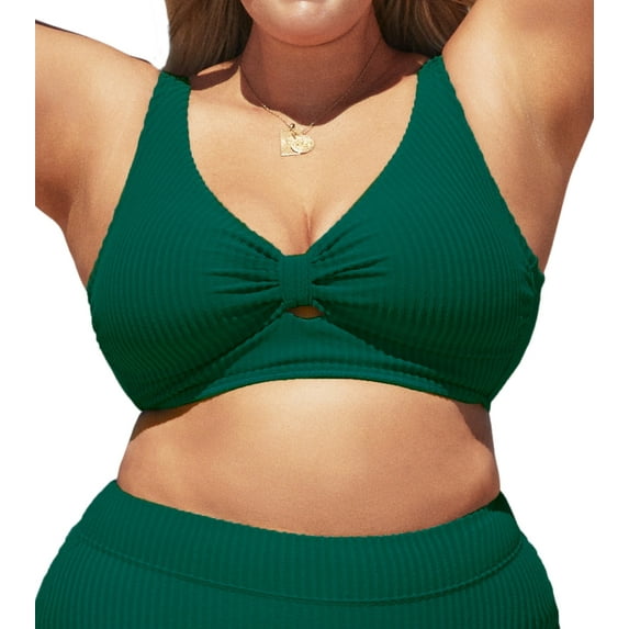 Cupshe Women's Swimsuit Plus Size Bikini Top Ribbed Texture Knotted Front Fixed Wide Straps No Bottom, Size S-XL