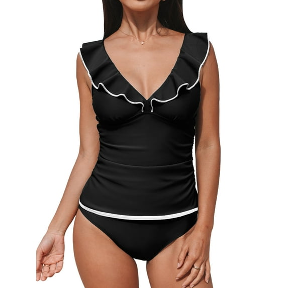 Cupshe Women's Tankini Sets Two Piece Swimsuit V Neck Ruffled Adjustable Straps Ruched (XS-4XL)
