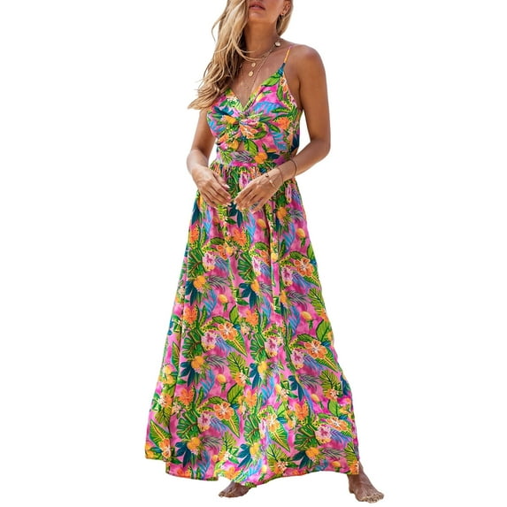 Cupshe Women's Twisted Dress V Neck Sleeveless Long Dress Floral Pleated Self Tie Back Adjustable Cami Maxi Dress Purple Floral
