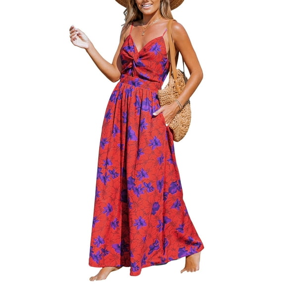 Cupshe Women's Twisted Dress V Neck Sleeveless Long Dress Floral Pleated Self Tie Back Adjustable Cami Maxi Dress Purple Floral