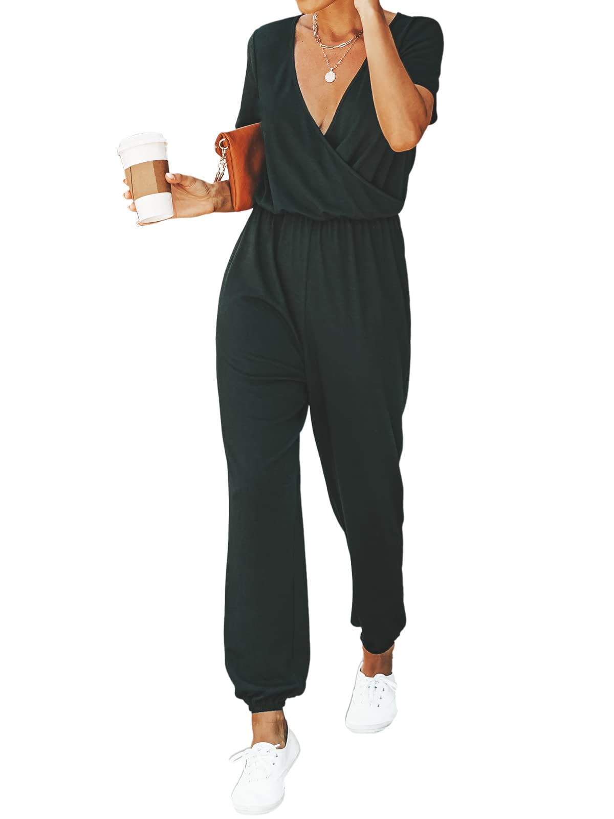 Cupshe Women's V Neck Casual Loose Short Sleeves Jumpsuit Elastic Waist