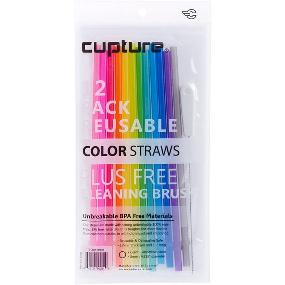 Cupture® Reusable & Unbreakable Color Straws - 12 Count + Free Brush