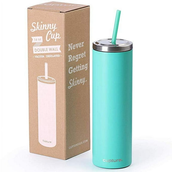 Cupture Stainless Steel Skinny Insulated Tumbler Cup with Lid and Reusable Straw - 16 oz (Bright Teal)
