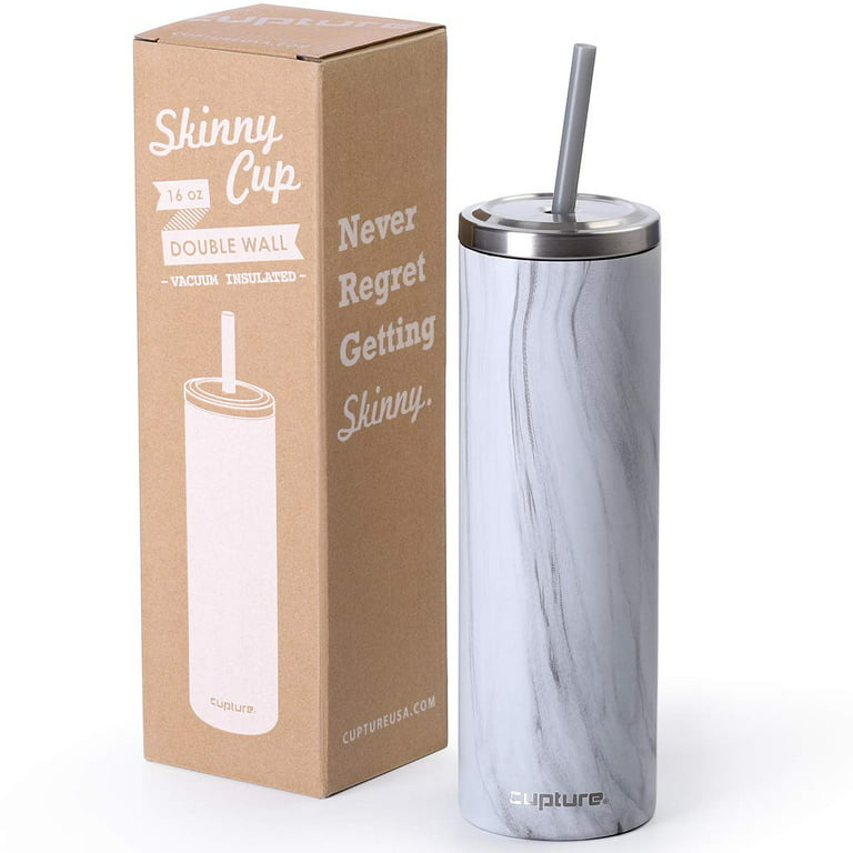 Cupture Stainless Steel Skinny Insulated Tumbler Cup with Lid and Reusable Straw - 16 oz (White Marble)
