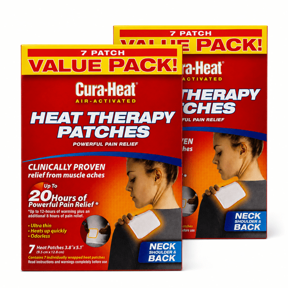 Cura-Heat Pain Relief Heat Patches, Air-Activated Targeted Warmth for Back, Neck, Shoulders and Joints, White, 7 Count 2 Pack