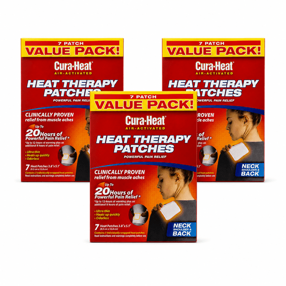 Cura-Heat Pain Relief Heat Patches, Air-Activated Targeted Warmth for Back, Neck, Shoulders and Joints, White, 7 Count 3 Pack
