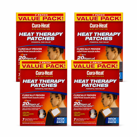 Cura-Heat Pain Relief Heat Patches, Air-Activated Targeted Warmth for Back, Neck, Shoulders and Joints, White, 7 Count 4 Pack