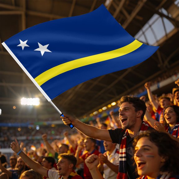 Curacao National Fan Flag with 63in Extendable Pole - 39.4x59.1in Large Curaçaoan Banner with Two White Stars for Sports Events & Celebrations