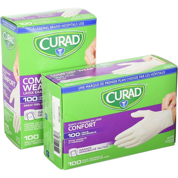 Curad 200 Latex Exam Gloves, One Size Fits Most (2 Pack of 100) CUR4125R