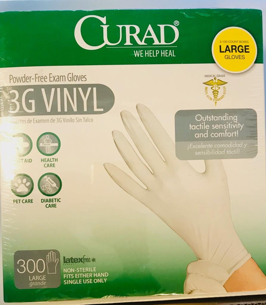 Curad 3G Synthetic Vinyl Exam Gloves, Powder-Free, Large, 3-100 Count Boxes, 100 Each per Box