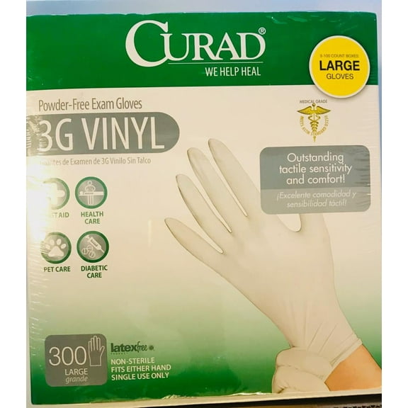Curad 3G Synthetic Vinyl Exam Gloves, Powder-Free, Large, 3-100 Count Boxes, 100 Each per Box