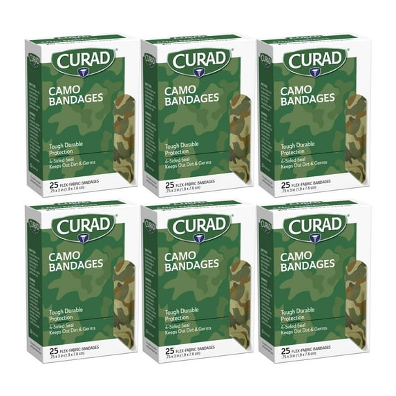 Curad Adhesive Bandages, Green Camouflage, 3/4" x 3", 25/Box, 6 Pack