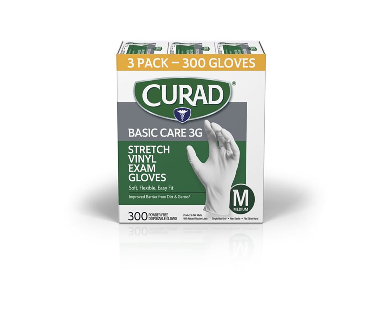 Curad Basic Care 3G Stretch Vinyl Exam Gloves, Powder Free, Medium, 300 Count